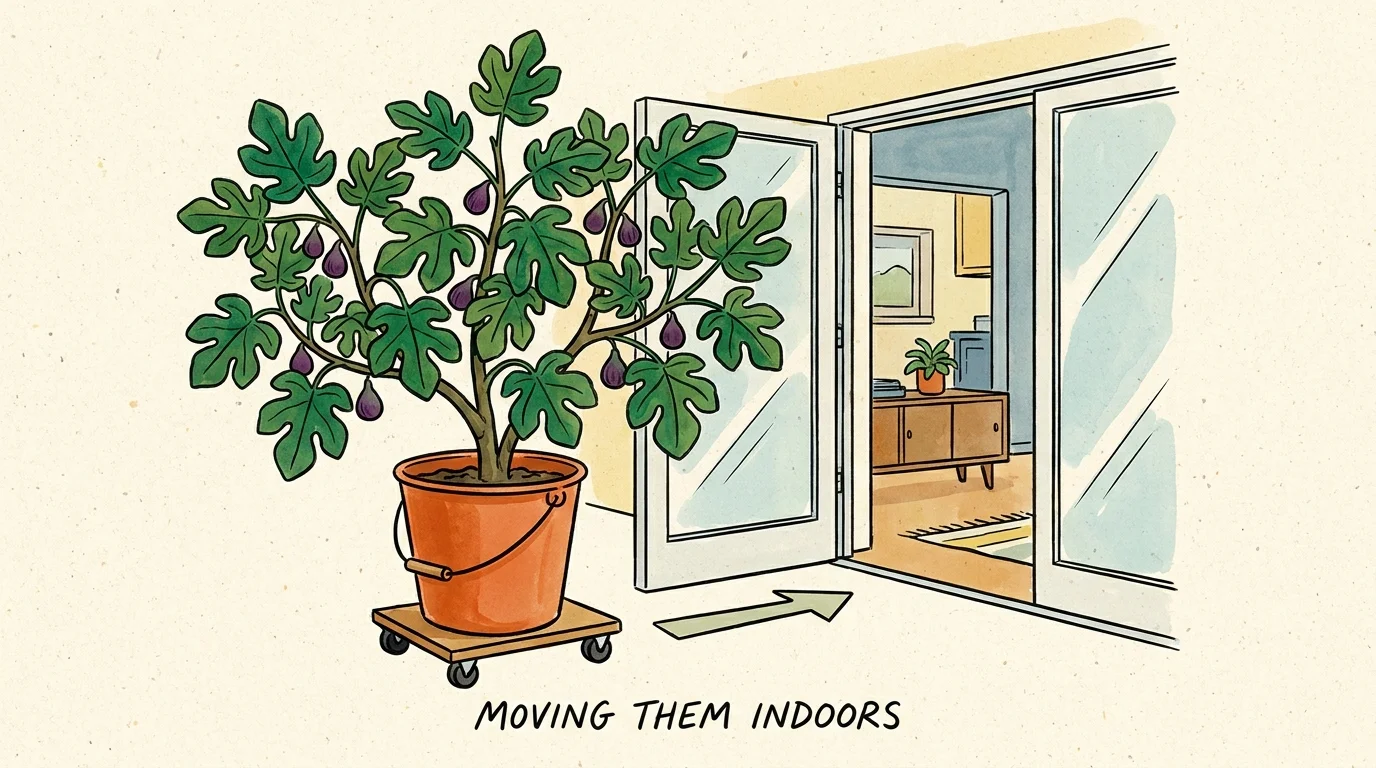An illustration of a fig tree in a bucket on a wheeled dolly being moved toward a house for winter protection.