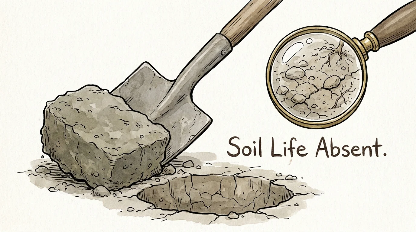 An illustration of a garden shovel turning over soil that is completely devoid of worms.