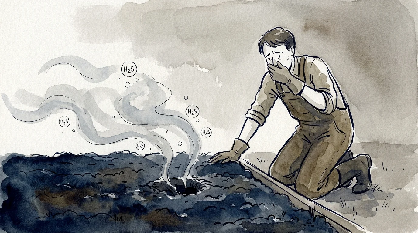 An illustration of a gardener smelling sour, anaerobic soil that is emitting gas bubbles.