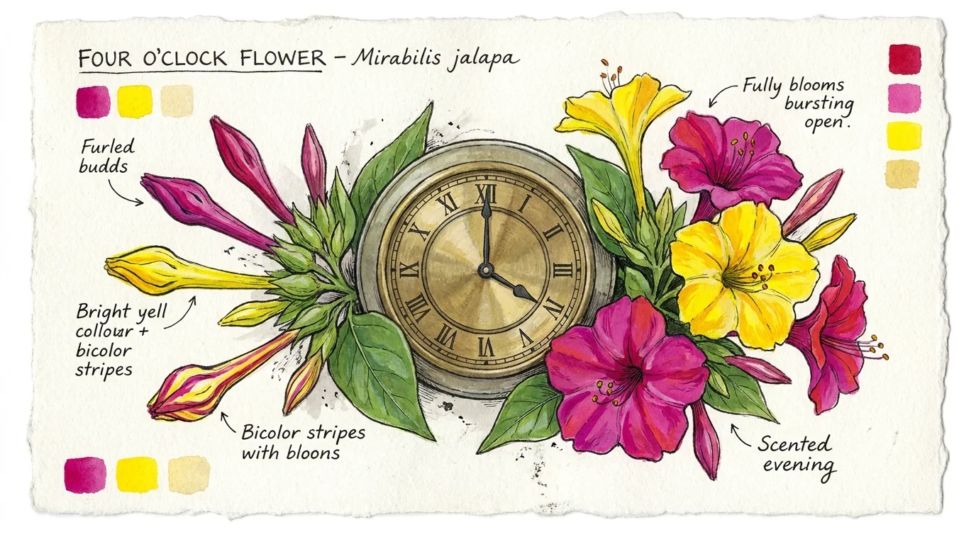 An illustration of magenta and yellow flowers opening next to a clock face pointing to four o'clock.