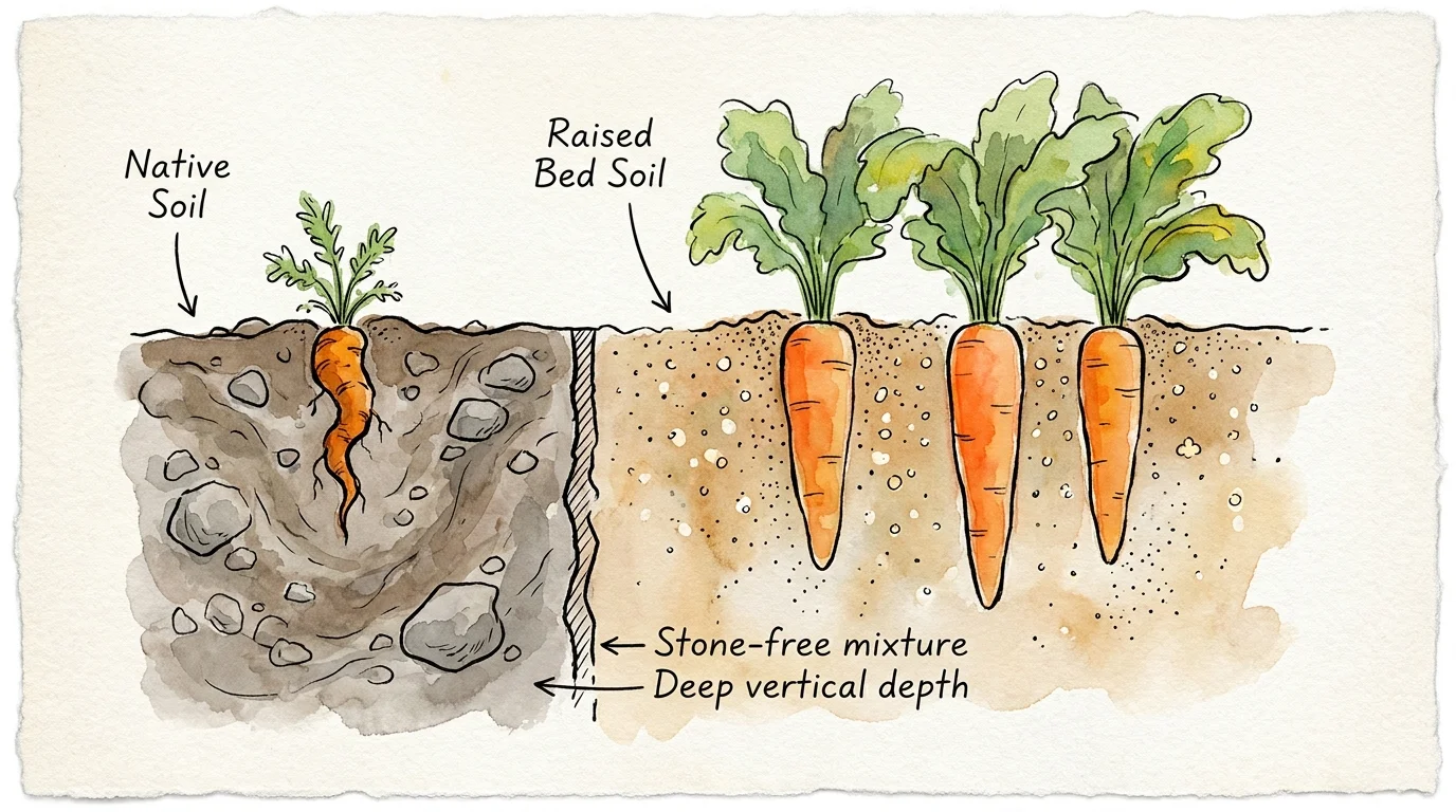 An illustration showing a cross-section comparison of a stunted carrot in rocky soil versus straight carrots in loose raised bed soil.