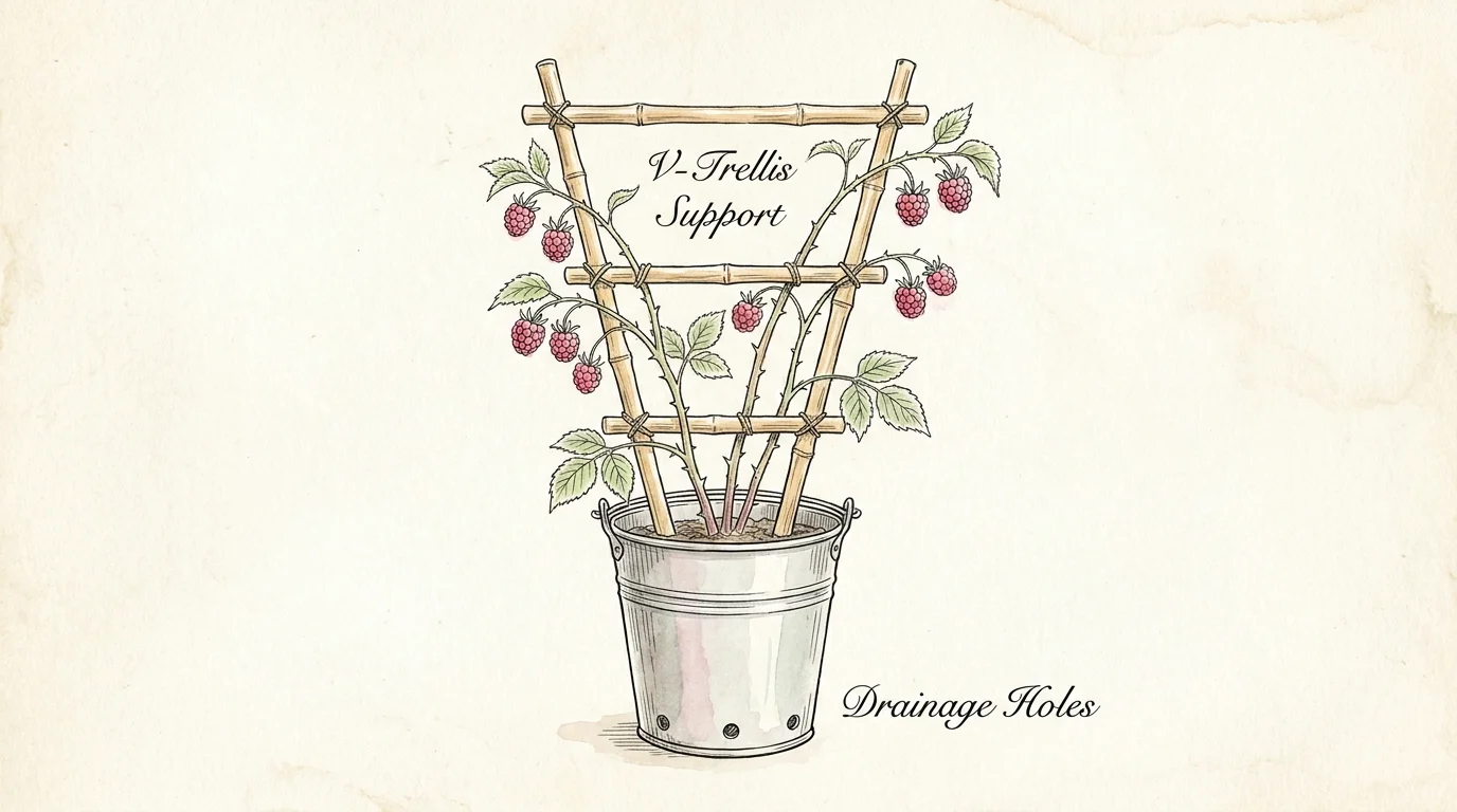 An illustration showing a raspberry plant in a bucket supported by a bamboo V-trellis.