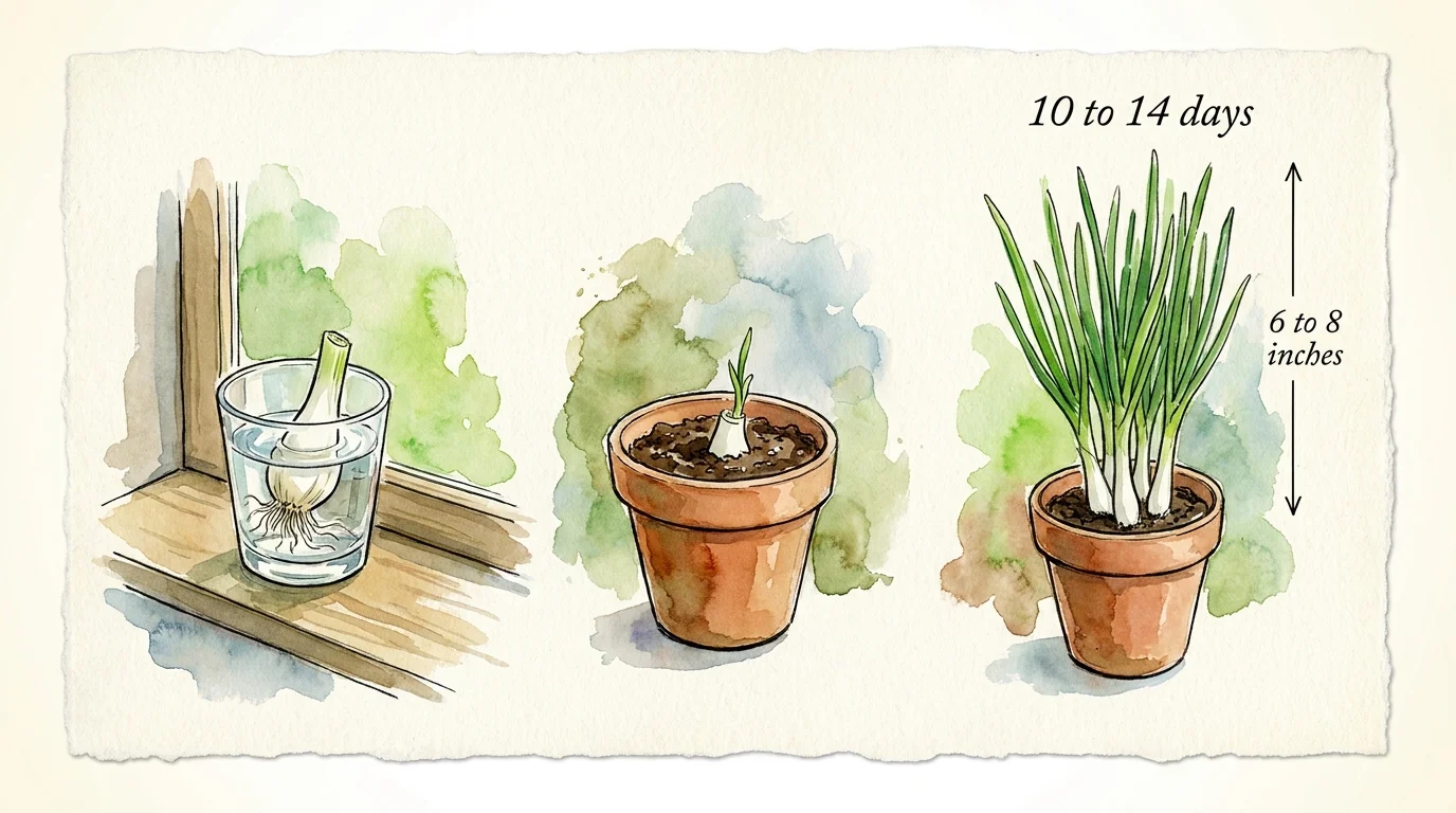 An illustration showing the growth stages of green onions from a grocery store scrap to a harvestable 8-inch plant.