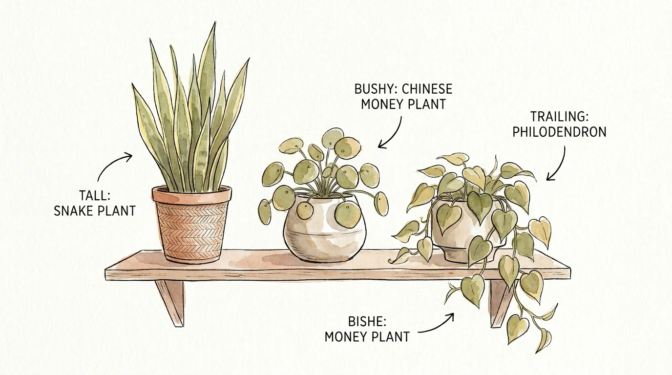 An illustration showing three plants of different heights—tall, bushy, and trailing—grouped together on a shelf.