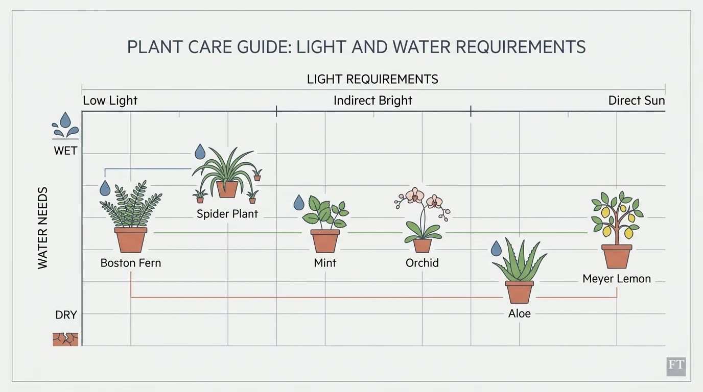 An infographic chart mapping the 8 plants from the article across different light and water requirements.