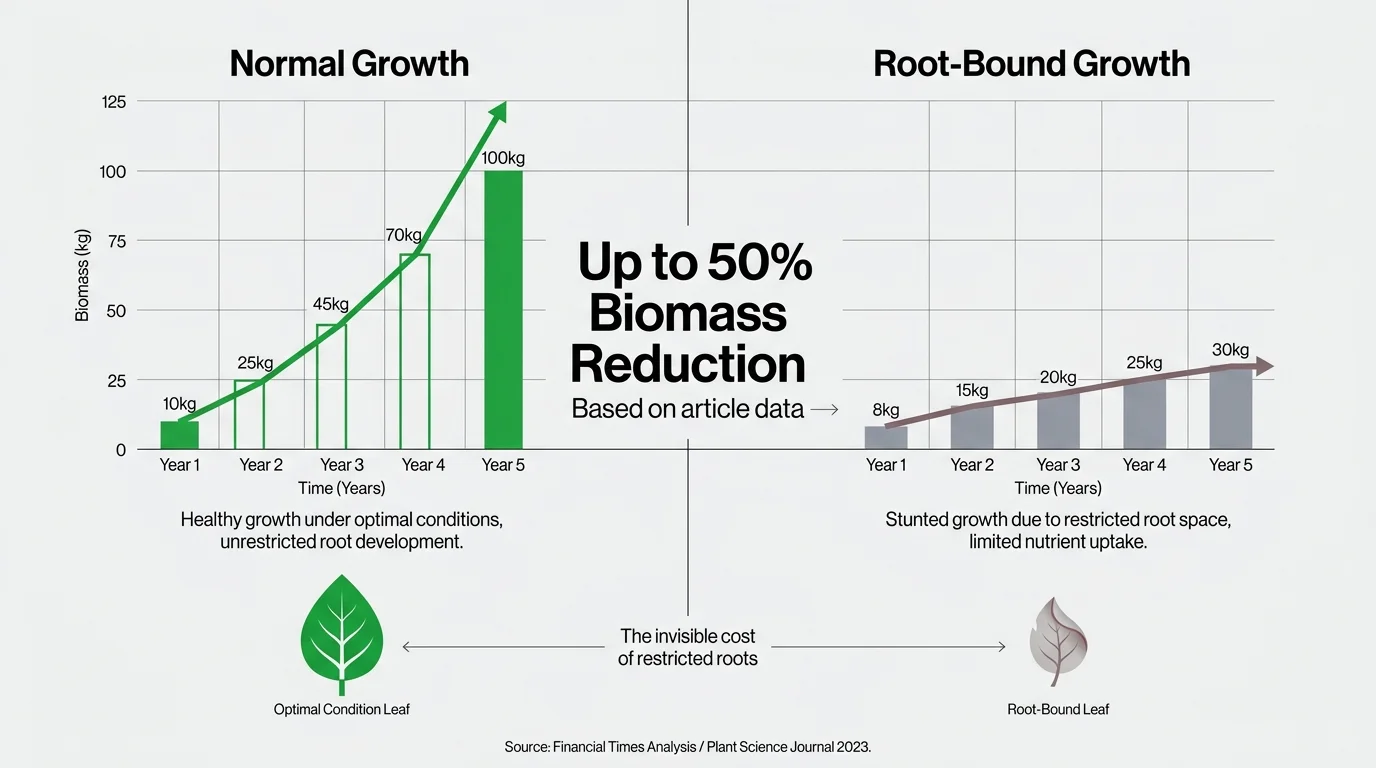 An infographic comparing healthy growth vs. stunted growth with a label stating '50% Biomass Reduction'.