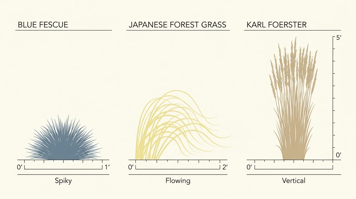 An infographic comparing the heights and shapes of different ornamental grasses.