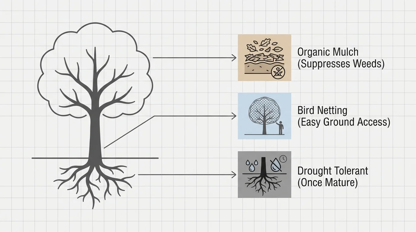 An infographic diagram showing a fruit tree with labels for organic mulch, bird netting, and drought-tolerant roots.
