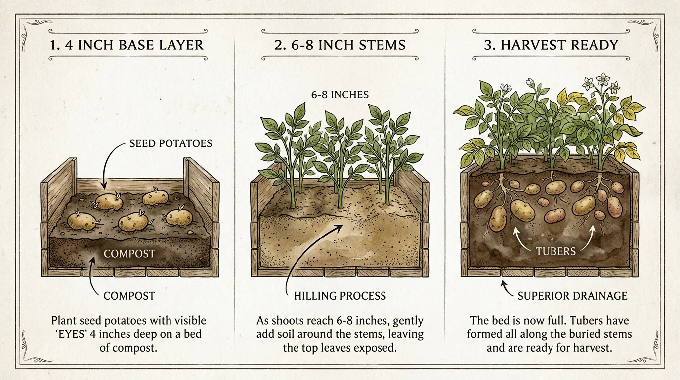 An infographic illustrating the three-step process of hilling potatoes in a raised bed to maximize tuber production.