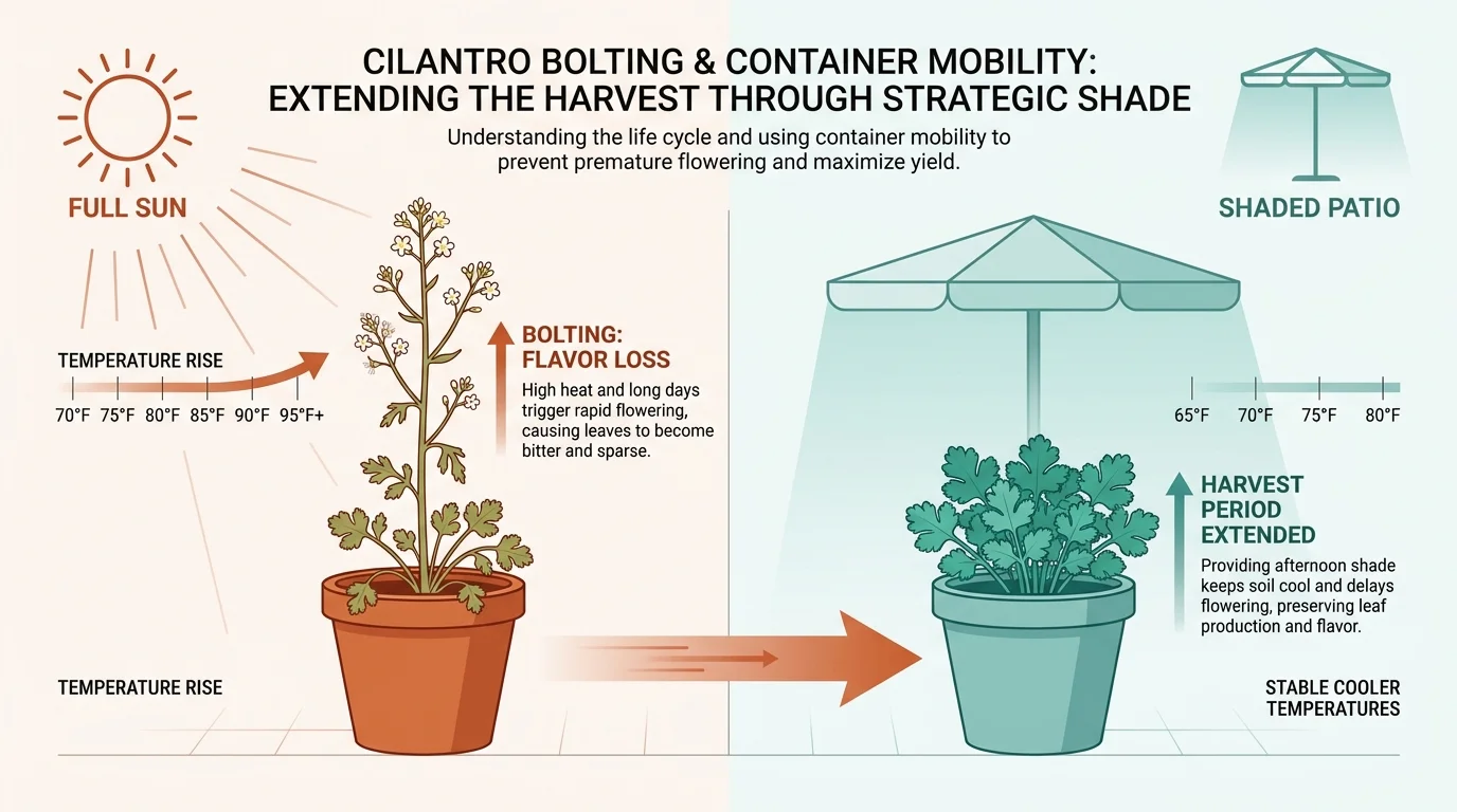 An infographic showing how moving a cilantro pot from the sun to the shade prevents it from bolting and extends the harvest.