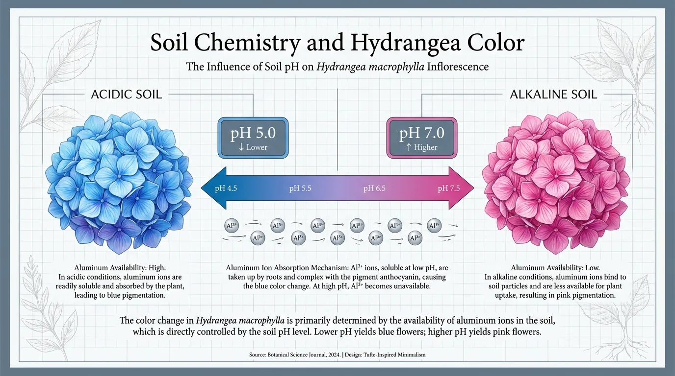 An infographic showing how soil pH at 5.0 produces blue hydrangeas while pH 7.0 produces pink ones.