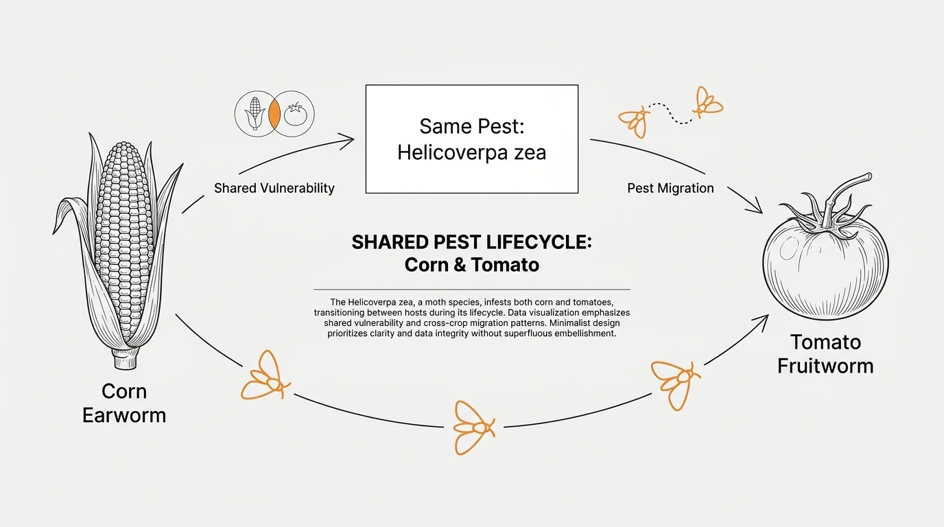 An infographic showing how the same pest, Helicoverpa zea, migrates between corn and tomato plants.