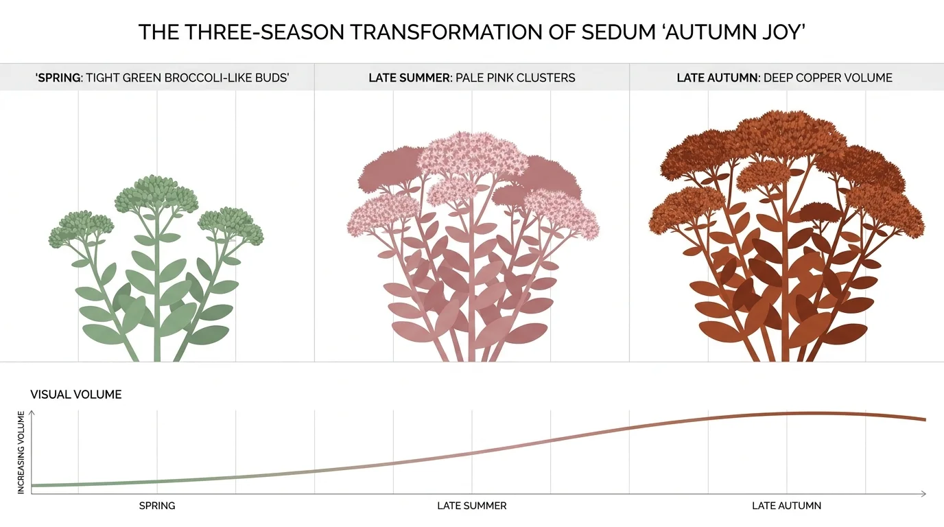 An infographic showing how upright sedum plants change color and increase in volume from spring to autumn.