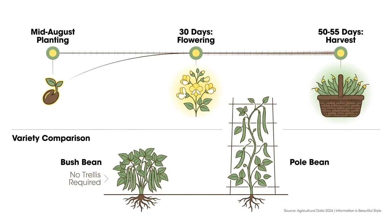 An infographic showing the 50-55 day growth timeline for bush beans from mid-August planting to harvest.