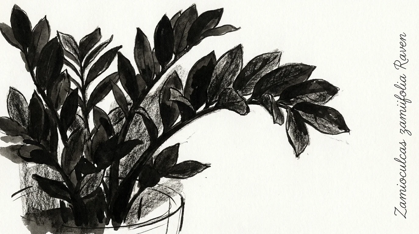 An ink and charcoal sketch of a Raven ZZ plant, showing its dark, sculptural stems and leaves.
