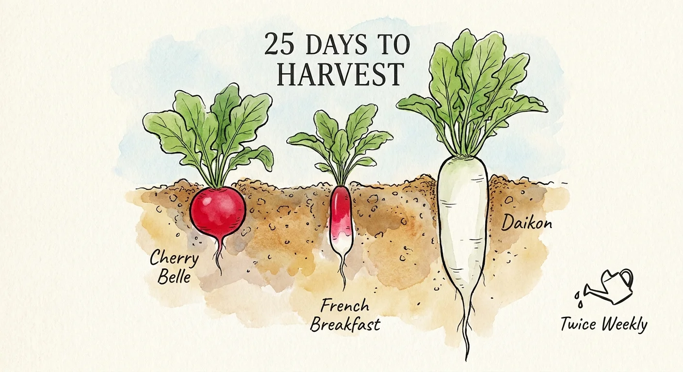 An ink and watercolor drawing of different radish varieties with the text '25 Days to Harvest'.