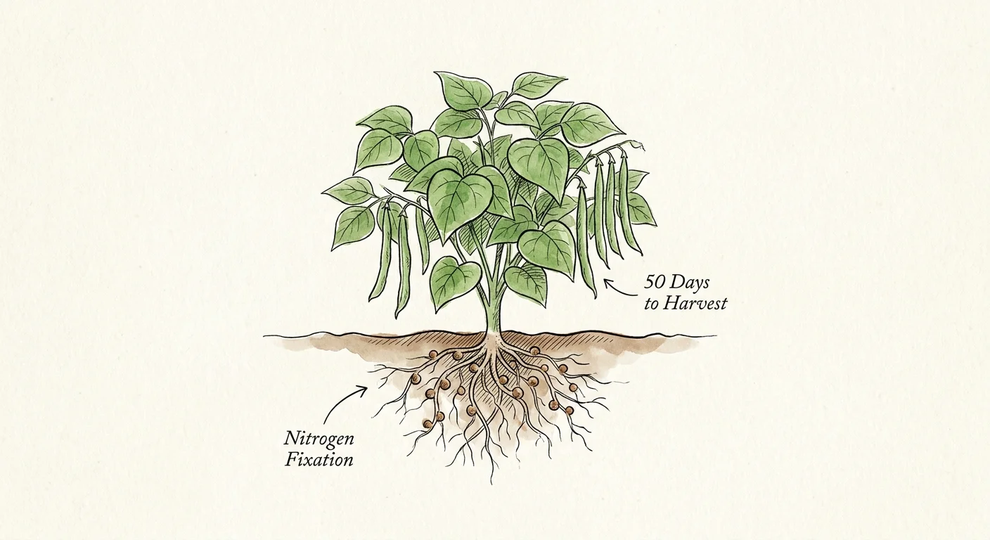 An ink and watercolor illustration of a bush bean plant showing its pods and nitrogen-fixing root system.