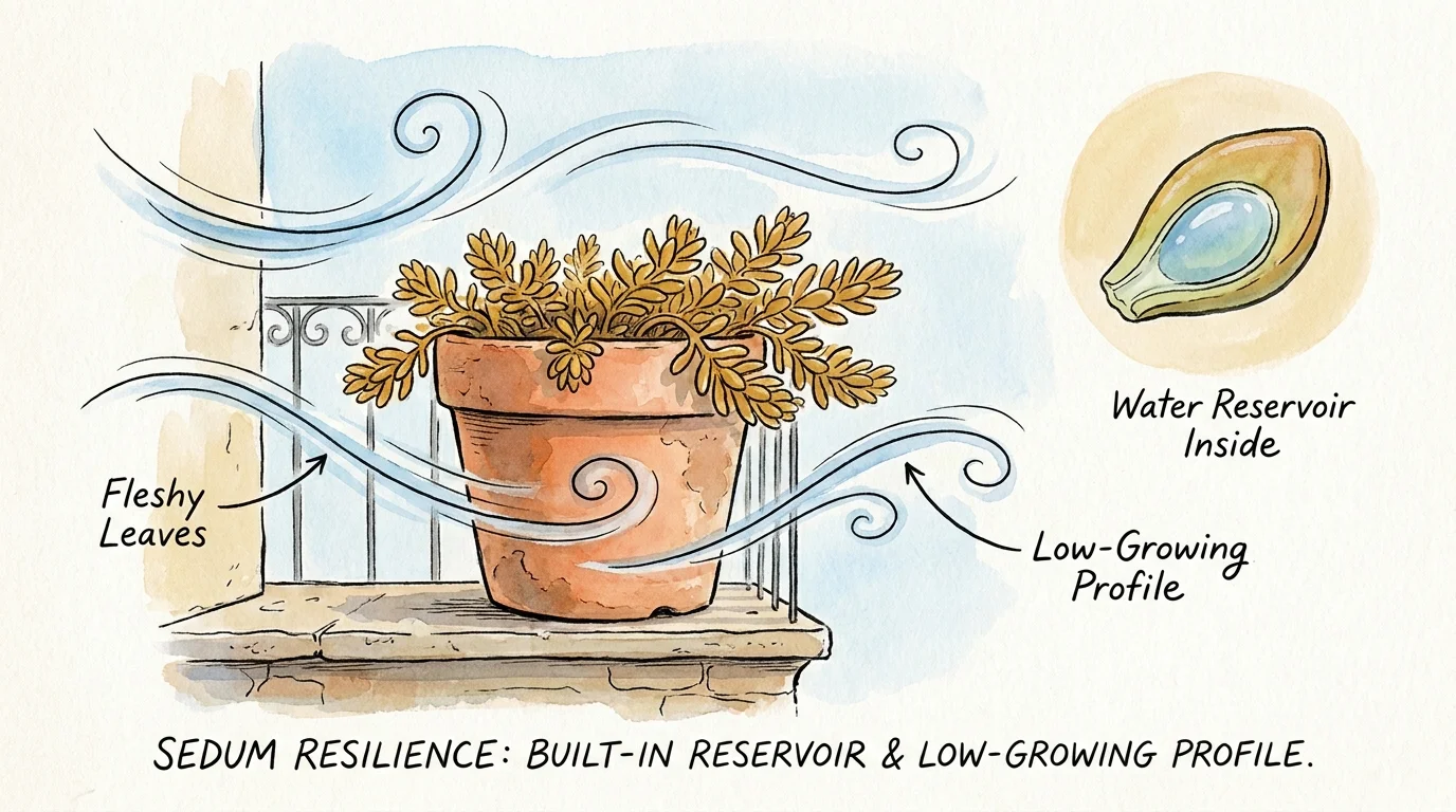 An ink and watercolor illustration of a low-growing sedum plant in a pot, with wind lines flowing over its flat profile.