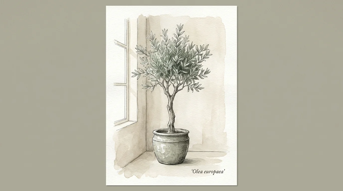 An ink and watercolor illustration of a slender olive tree in a ceramic pot, with soft green and beige tones.