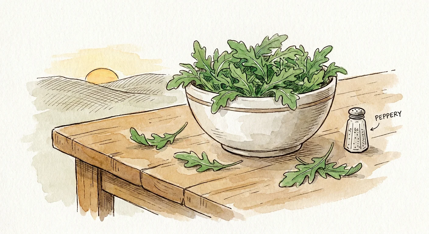 An ink and watercolor illustration of an arugula salad bowl with icons representing its peppery flavor.
