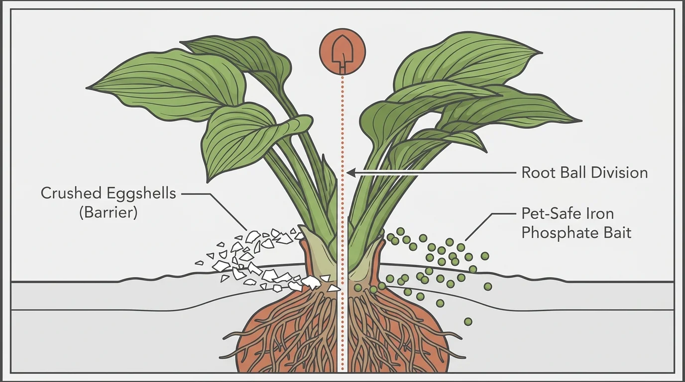 An instructional diagram showing how to protect hostas from slugs using eggshells and bait.