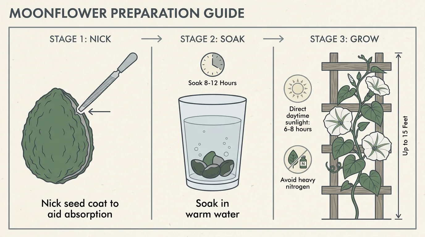 An instructional diagram showing moonflower seed preparation steps including nicking the seed, soaking for 8-12 hours, and trellis support.
