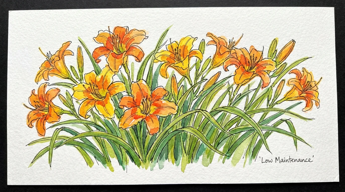 Artistic watercolor painting of bright orange and yellow daylilies.