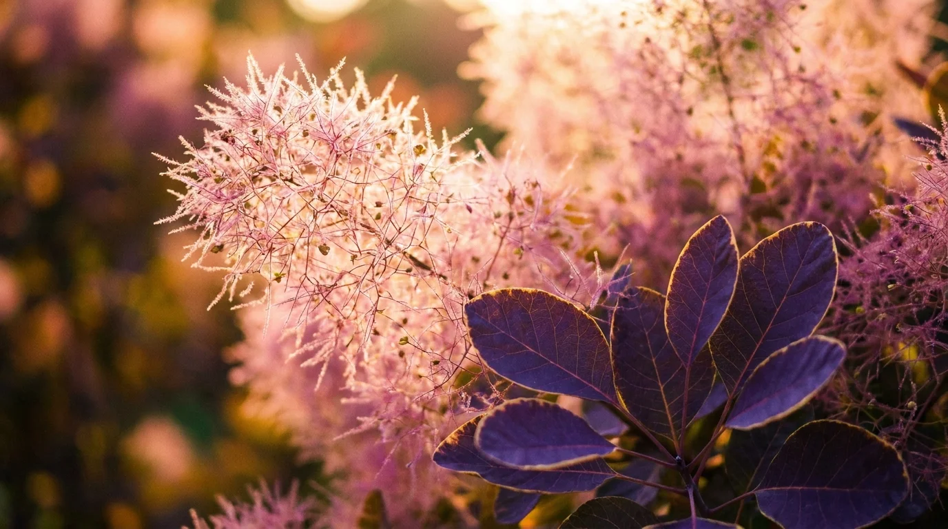 Backlit purple Smokebush plumes glowing in the evening sun, creating a hazy, smoke-like appearance.