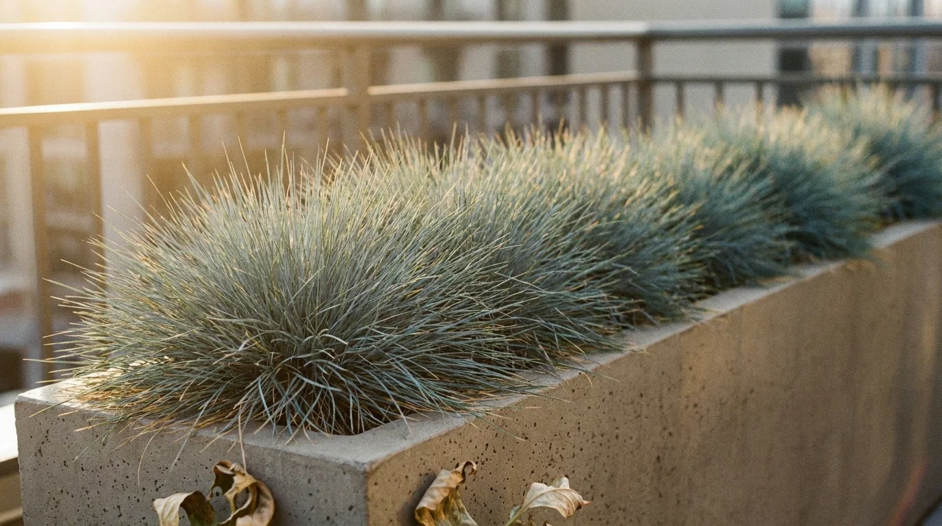 Blue fescue ornamental grass growing in a modern concrete planter on a bright balcony.