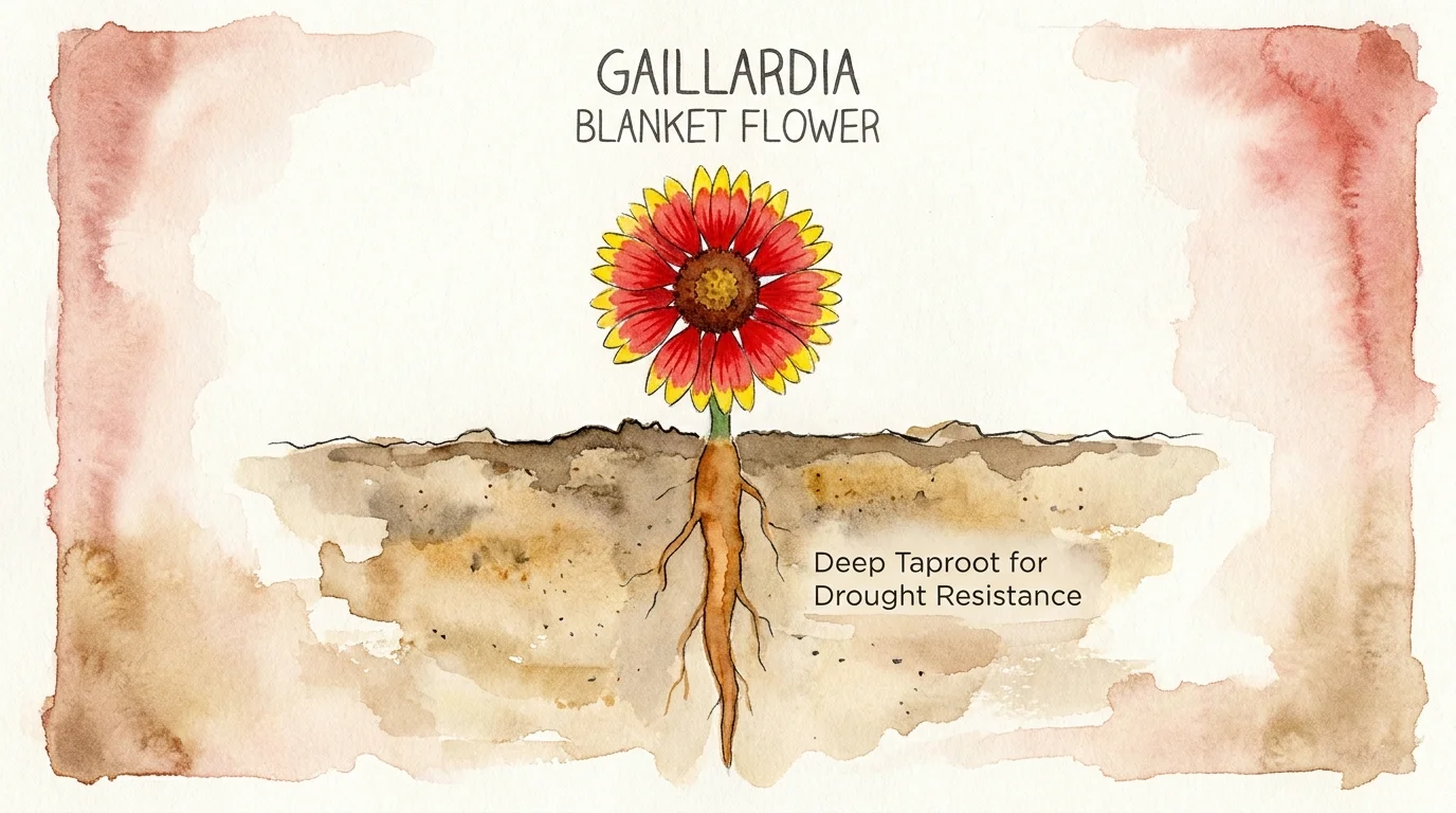 Botanical illustration of a Blanket Flower showing its vibrant red and yellow petals and a deep taproot underground.