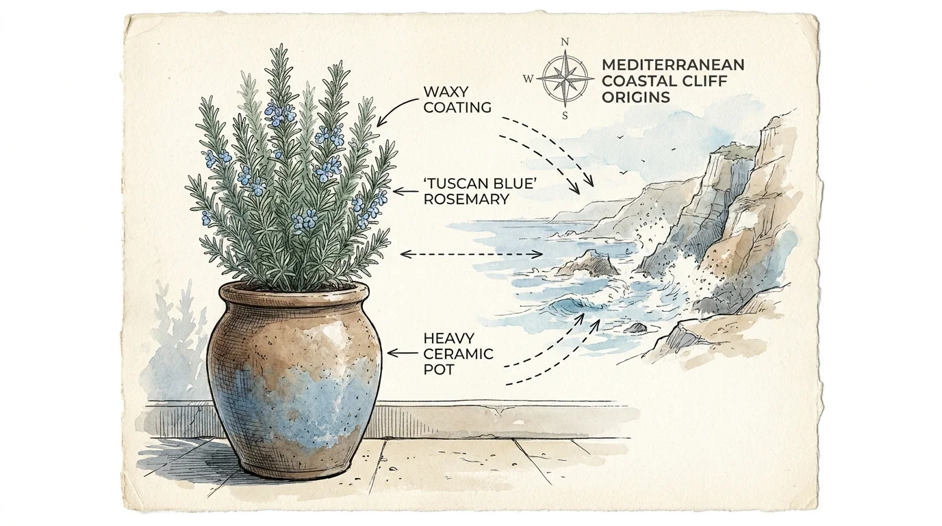 Botanical illustration of a rosemary plant in a heavy pot, with labels pointing to its wind-resistant waxy leaves.