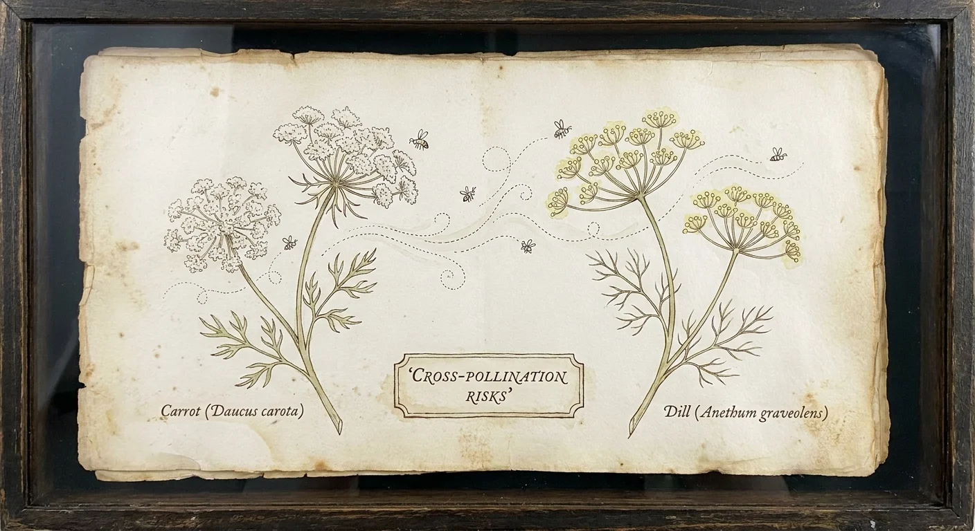 Botanical illustration showing the flowers of carrots and dill close together, highlighting the risk of cross-pollination.