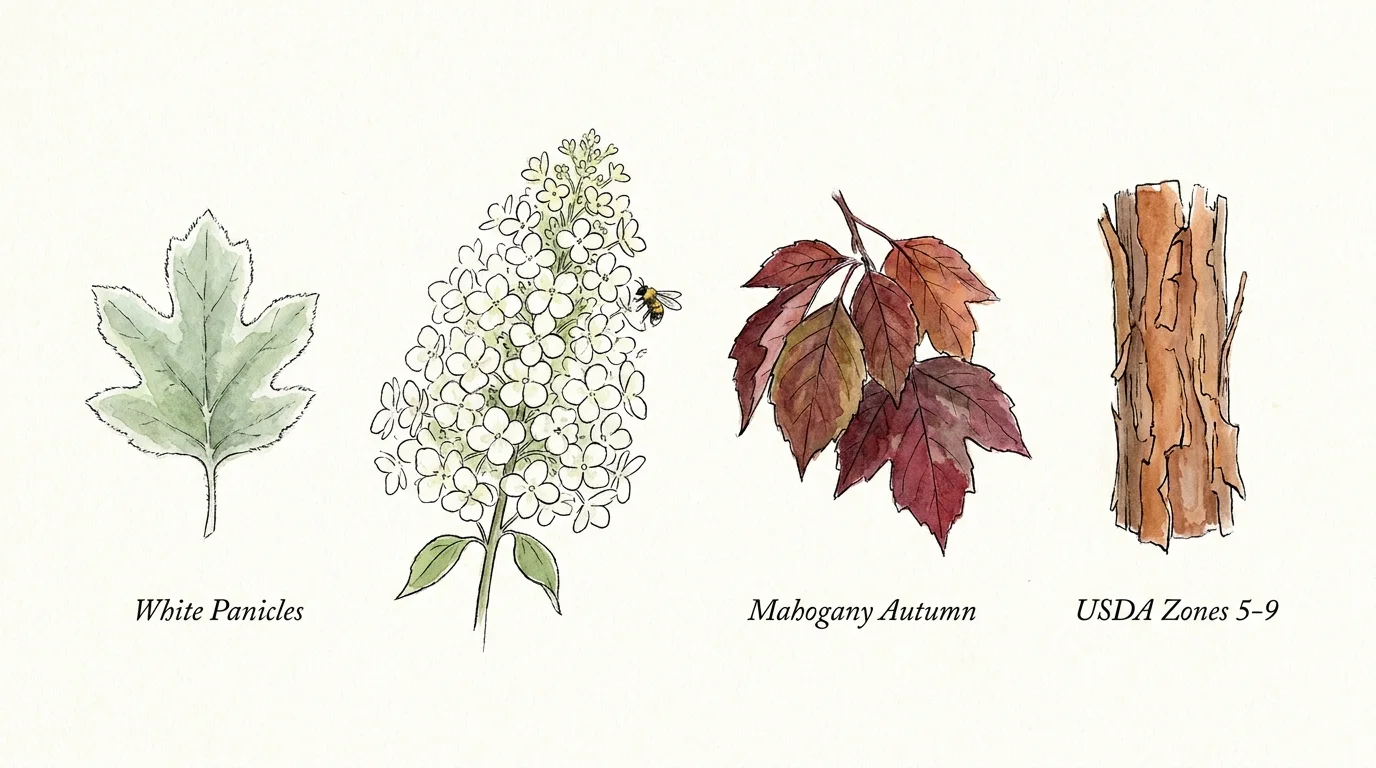 Botanical illustration showing the white flowers, burgundy autumn leaves, and peeling bark of an Oakleaf Hydrangea.