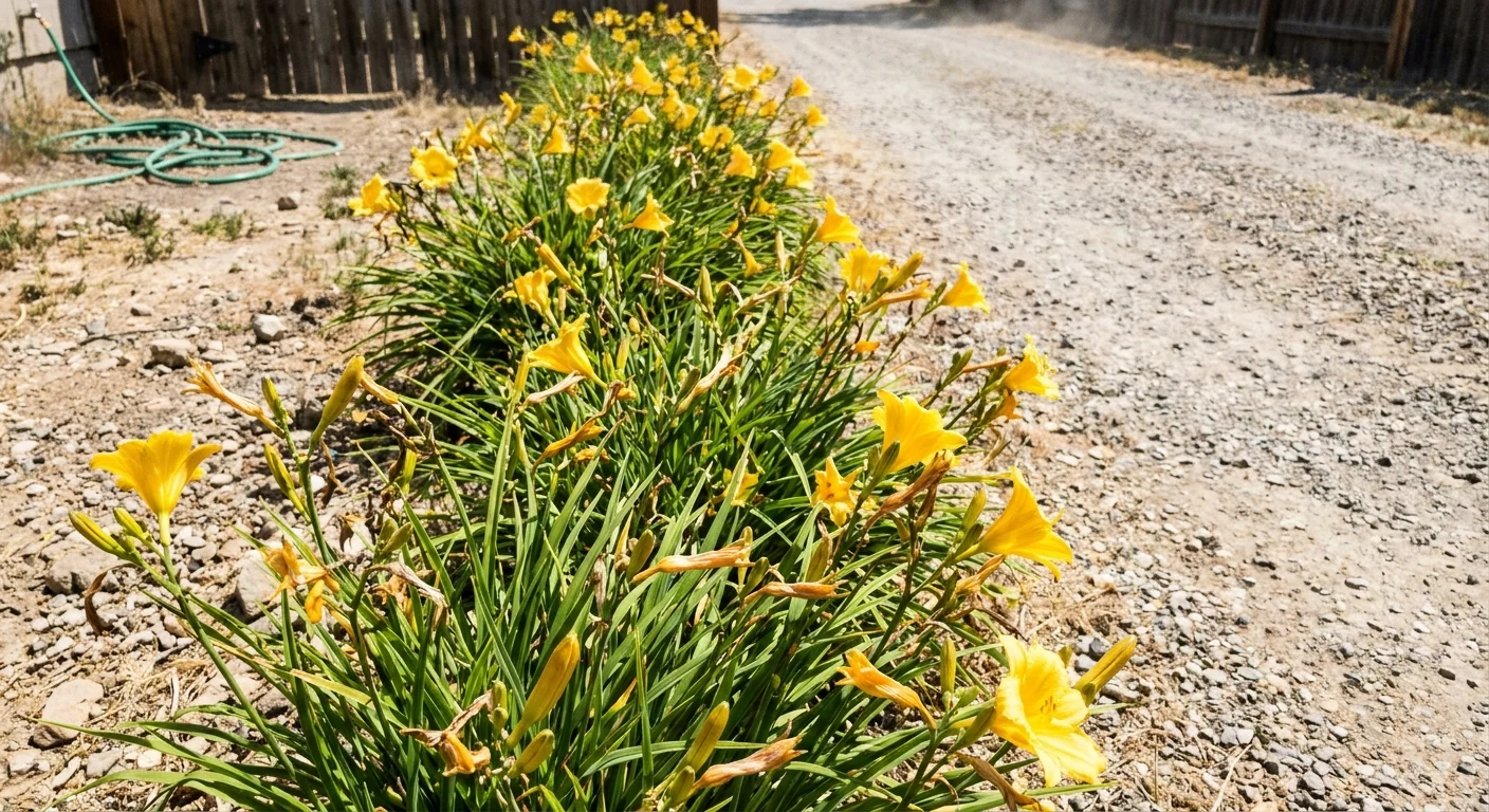 Bright yellow Stella de Oro daylilies blooming in a thick row along a gravel driveway.