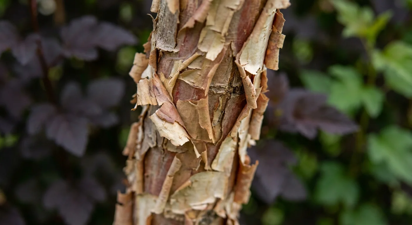 Close-up macro shot of the peeling, multi-layered bark of a Ninebark shrub.