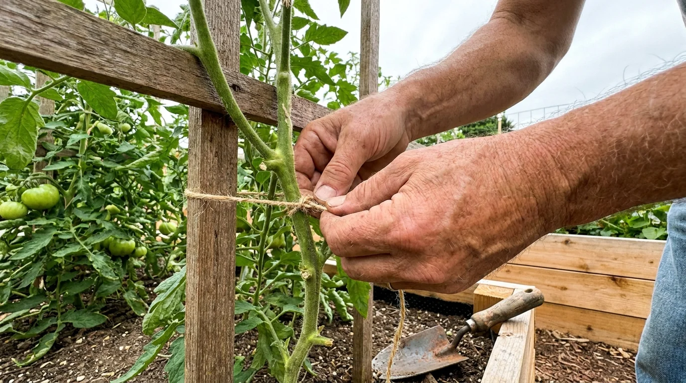 Close-up of a gardener's hands tying a tomato vine to a trellis in a raised garden bed.