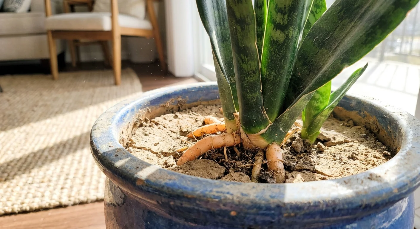 Close-up of a snake plant whose root system has physically lifted the soil and plant above the rim of its blue pot.
