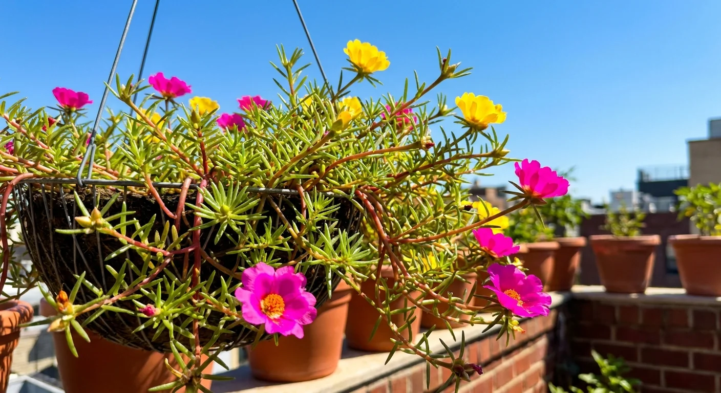 Close-up of bright pink and yellow moss rose flowers trailing from a hanging basket against a blue sky.