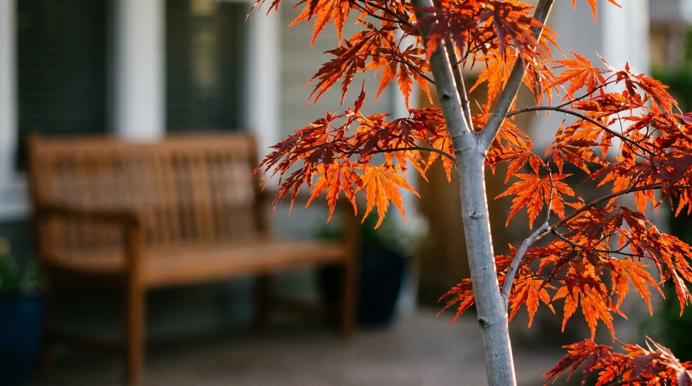 Close-up of glowing red Japanese Maple leaves backlit by the sun in a front yard.