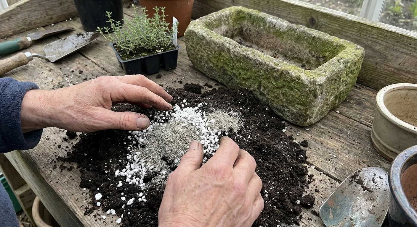 Close-up of hands mixing sand and perlite into potting soil on a wooden bench to create the perfect drainage for a thyme plant.