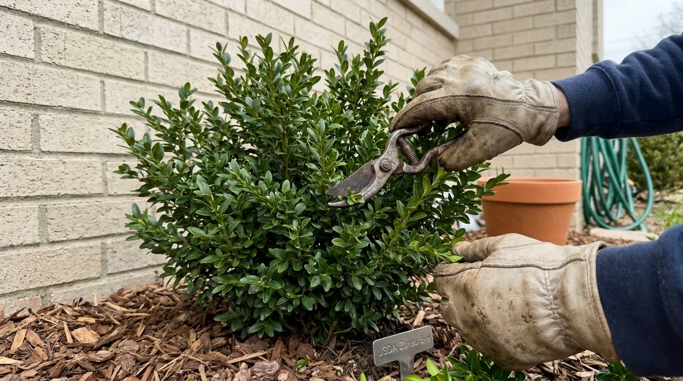 Close-up of hands pruning a green boxwood shrub in a residential garden.