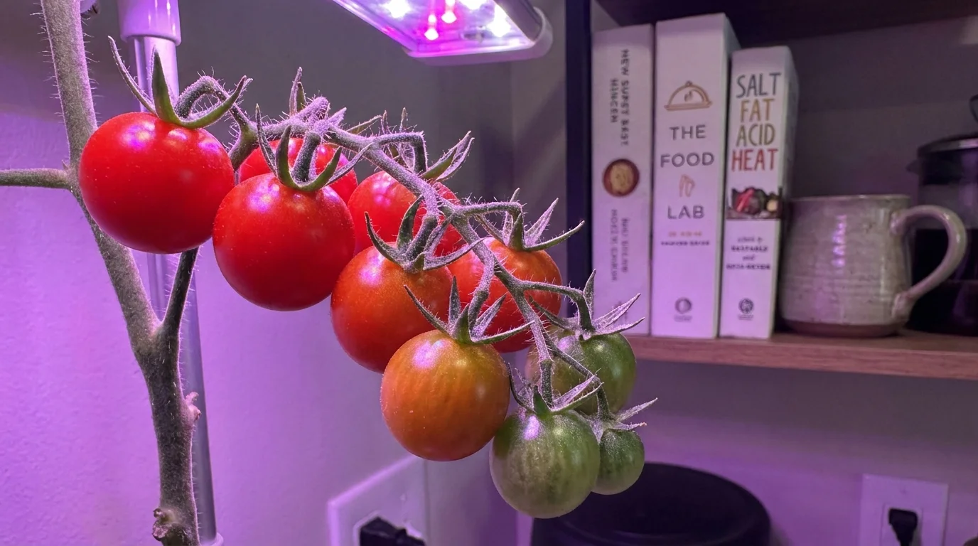Close-up of red cherry tomatoes growing under a purple-hued indoor LED grow light.