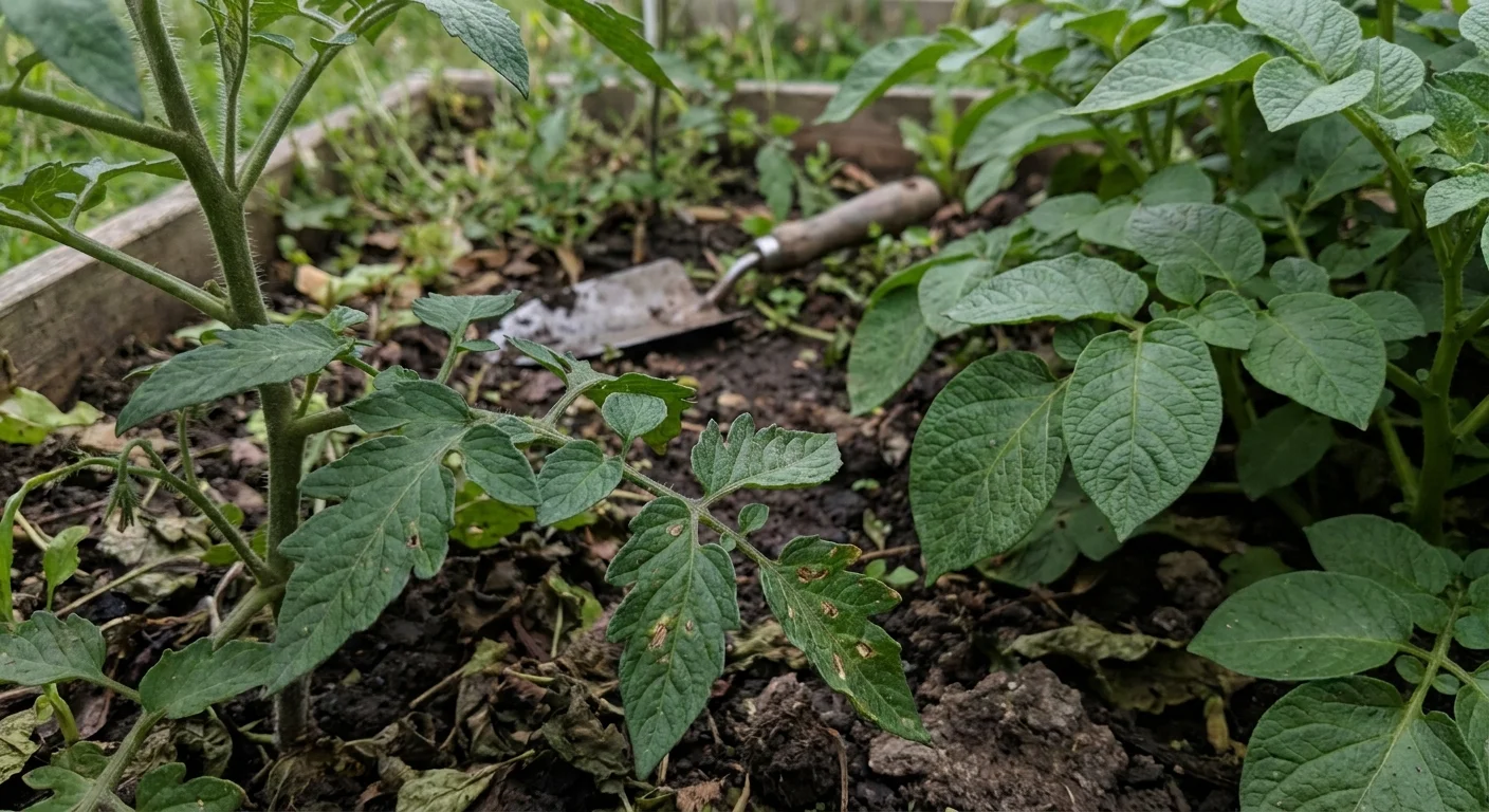 Close-up of tomato and potato leaves planted too close together in a garden bed, showing early signs of blight.