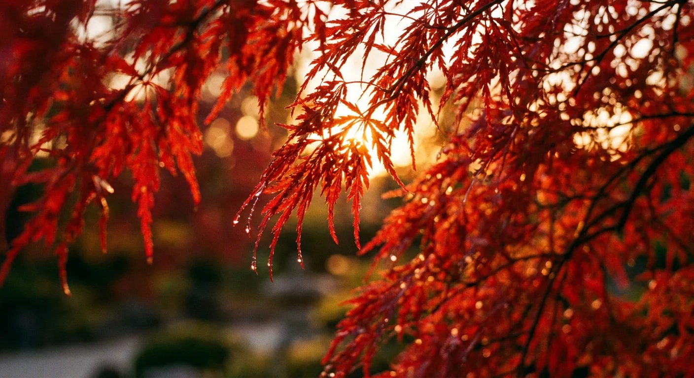 Close-up of translucent, backlit red lace-leaf Japanese maple leaves glowing in the autumn sun.