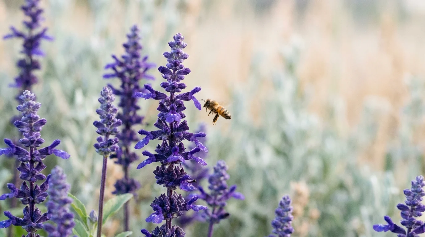 Close-up photo of tall purple salvia spikes with a honeybee hovering nearby against a soft background.