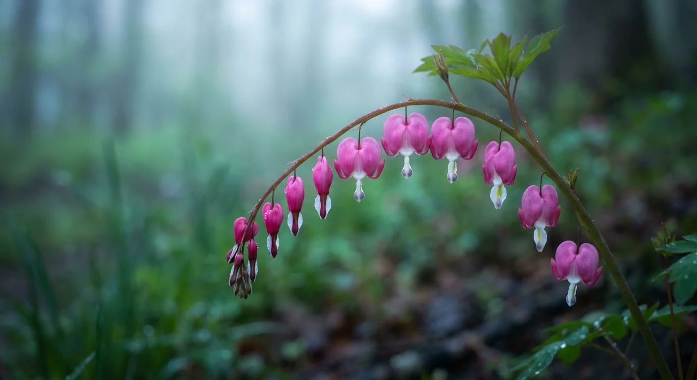 Delicate pink heart-shaped flowers hanging from an arching stem in a misty spring garden.
