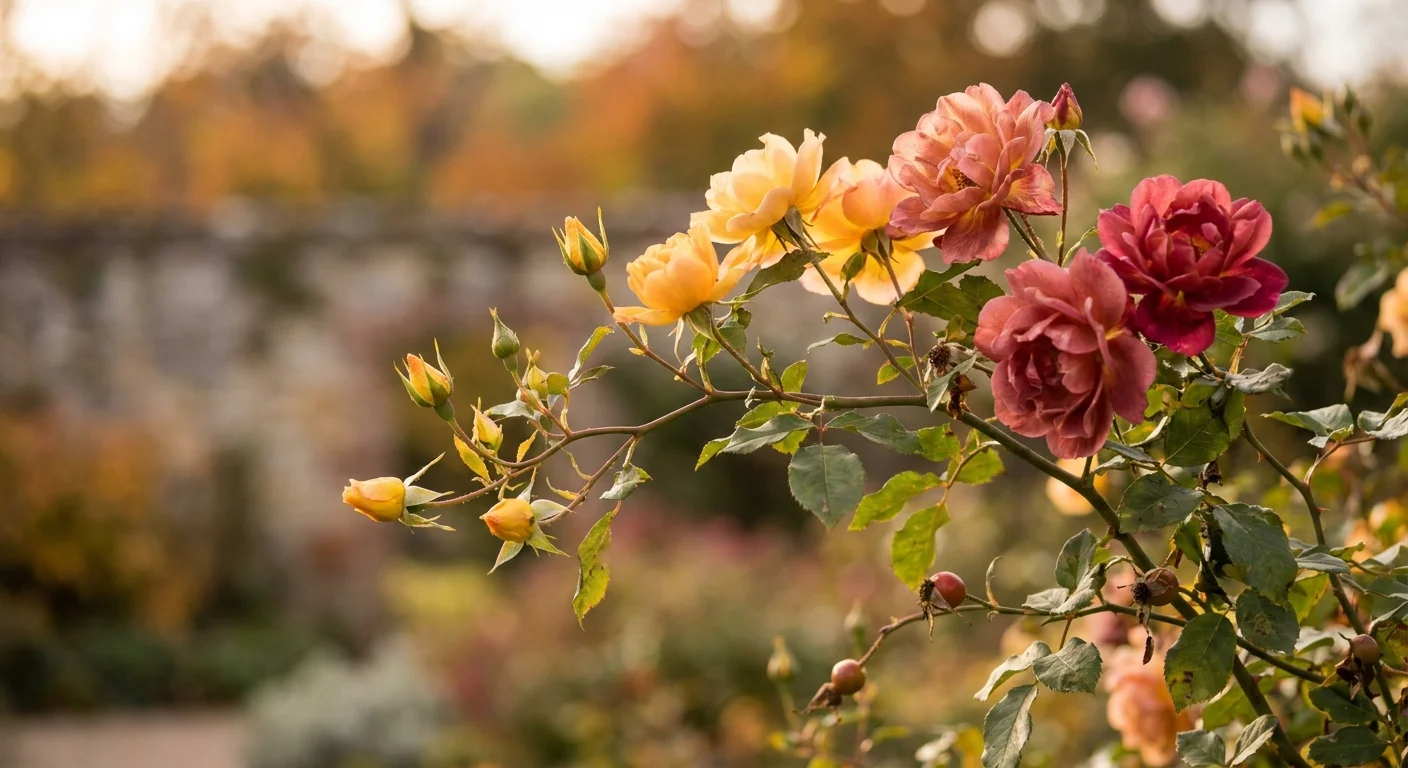 Delicate single-petaled roses in shades of yellow, apricot, and crimson on a single branch during golden hour.