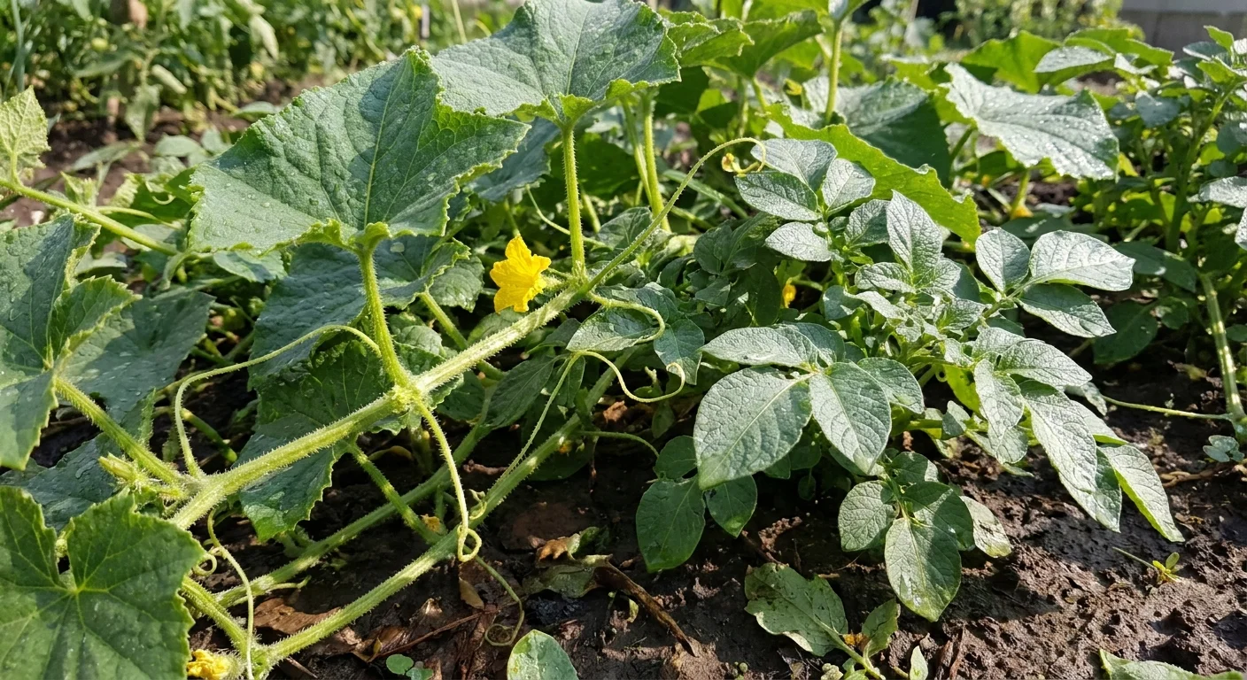 Detailed garden photo of cucumber vines sprawling into a potato patch, showing the lack of separation.
