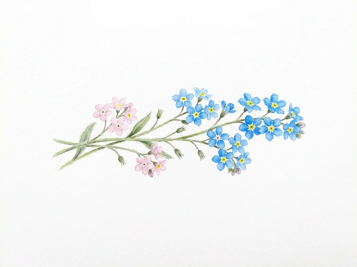 Detailed watercolor of tiny forget-me-not flowers showing the mix of pink buds and bright blue blossoms.