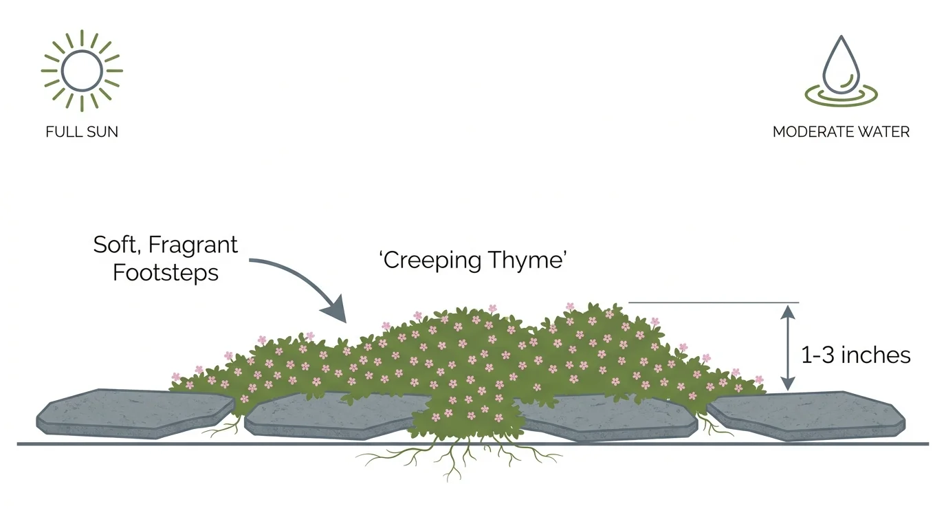 Diagram showing creeping thyme growing between garden stepping stones.